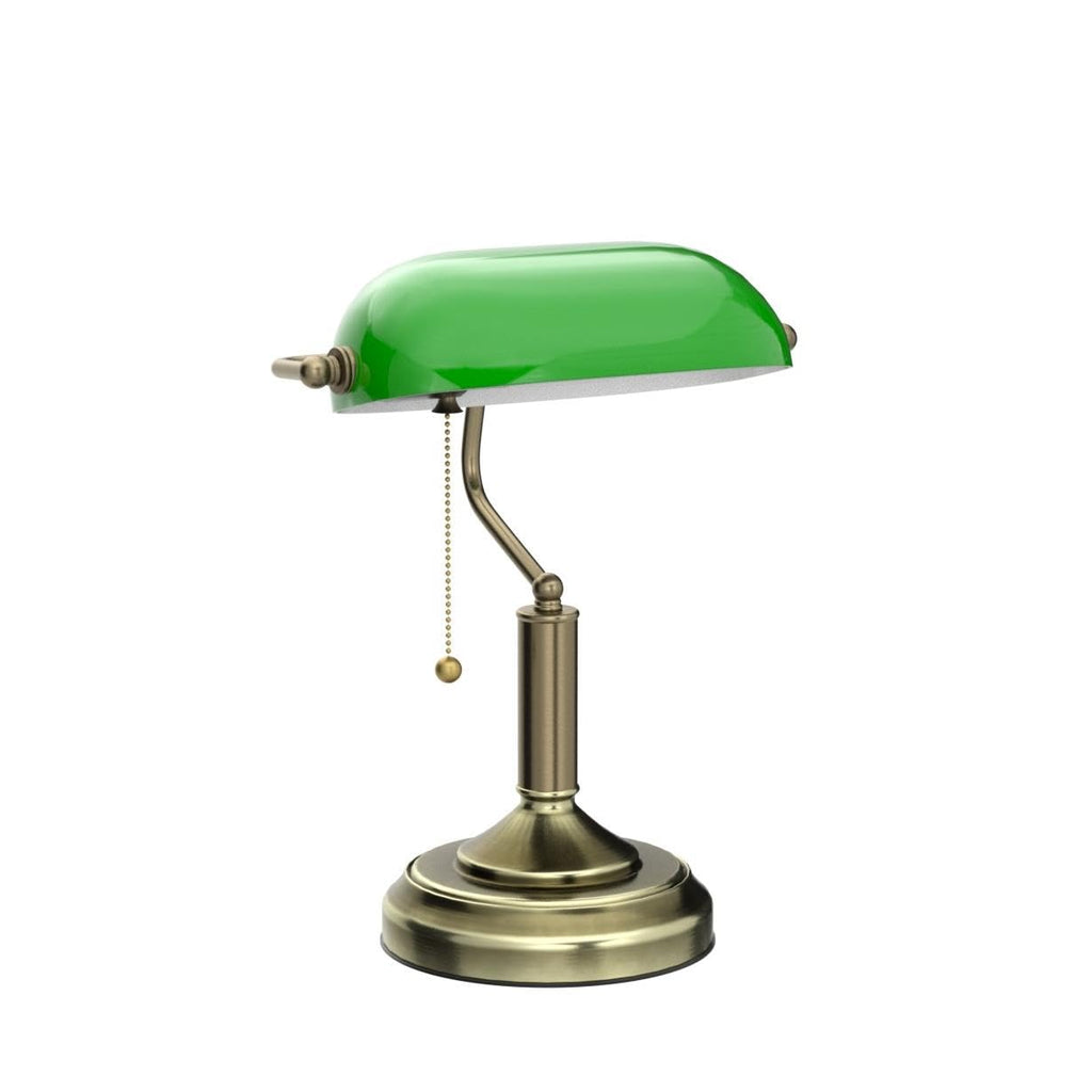 Green Glass Bankers Desk Lamp with Pull Chain, E26 Base