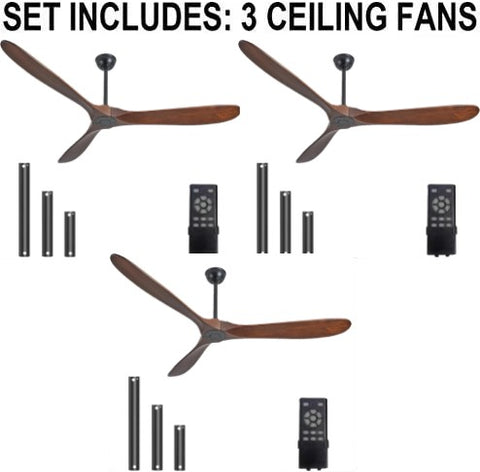 Set of 3 - 60" Ceiling Fans Without Lights, 60 Inch Outdoor Ceiling Fans no Lights, 3 Blade Solid Wood Damp Rated Ceiling Fan with Remote Control for Living Room Gazebo Farmhouse/Patios Porch - Dark Walnut