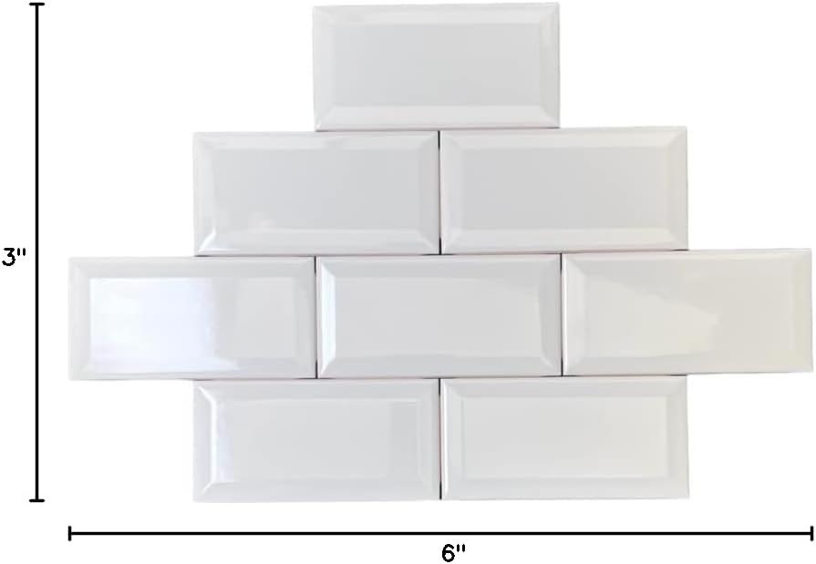 3x6 Bright White Beveled Glossy Ceramic Subway Tile - Wall Tile Backsplash, Bathroom Shower, Accent Walls - Box