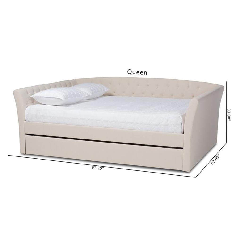 Delora Modern and Contemporary Beige Fabric Upholstered Queen Size Daybed with Roll-Out Trundle Bed