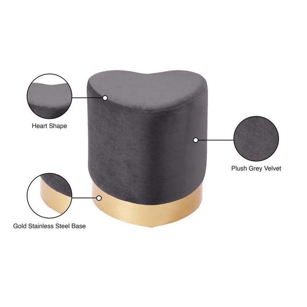 Heart Collection Modern | Contemporary Velvet Upholstered Ottoman with Durable Stainless Steel Base in Gold Finish