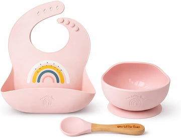 Silicone Bib and Suction Bowl Set - Baby Led Weaning Feeding Set with Adjustable Bib, Food Catcher Pocket, Strong