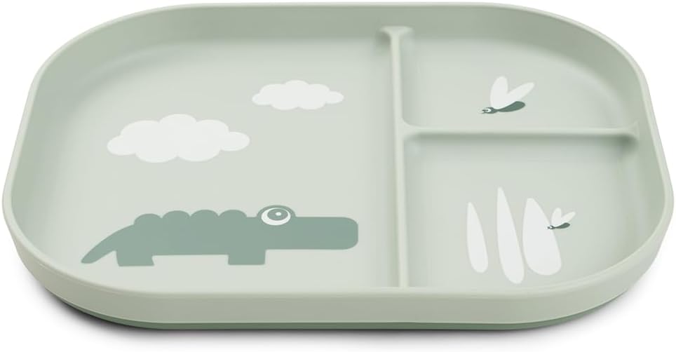 By Deer Foodie compartment plate - Croco - Green - Baby & Toddler Plate with 3 Sections - Non-Slip Base - BPA-Free