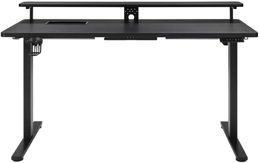 60" Electric Gaming Desk with Hutch, Carbon Fiber Finish, Height Adjustable with Power Lift, Elevated Monitor Shelf
