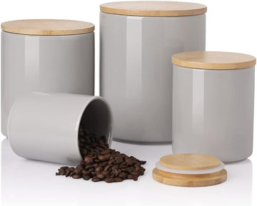 Kitchen Canisters Ceramic Food Storage Jar Set, Stackable Containers with Airtight Seal Wooden Lid for Serving Ground - Set of 4