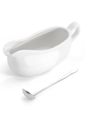 Gravy Boat with Spoon, Ceramic Sauce Serving Dish, Easy-Pour Big Dripless Lip Spout Serveware Set For Salad Cream