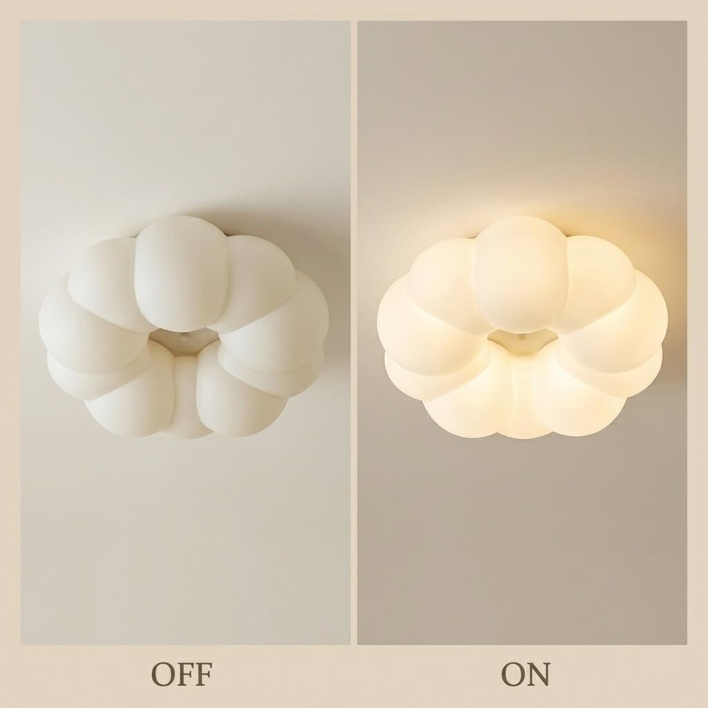 Cream Cloud Flush Mount Ceiling Light, White Petal LED Bedroom Lamp, Flower Shape Fixture for Kids Room, Nursery