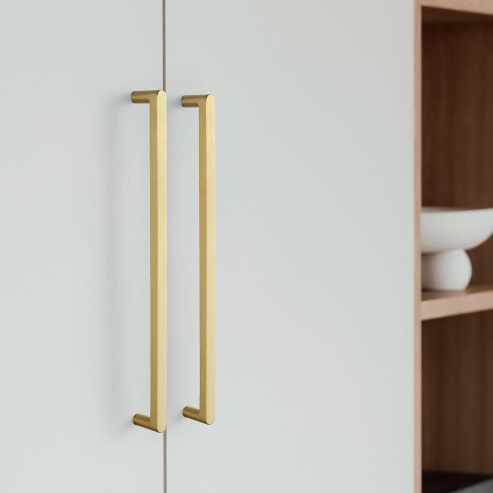 Brushed Brass Cabinet Pulls, 10 Inch (256mm) Hole Centers, 6 Pack Solid Brass Bar Handles, Slim Modern Hardware