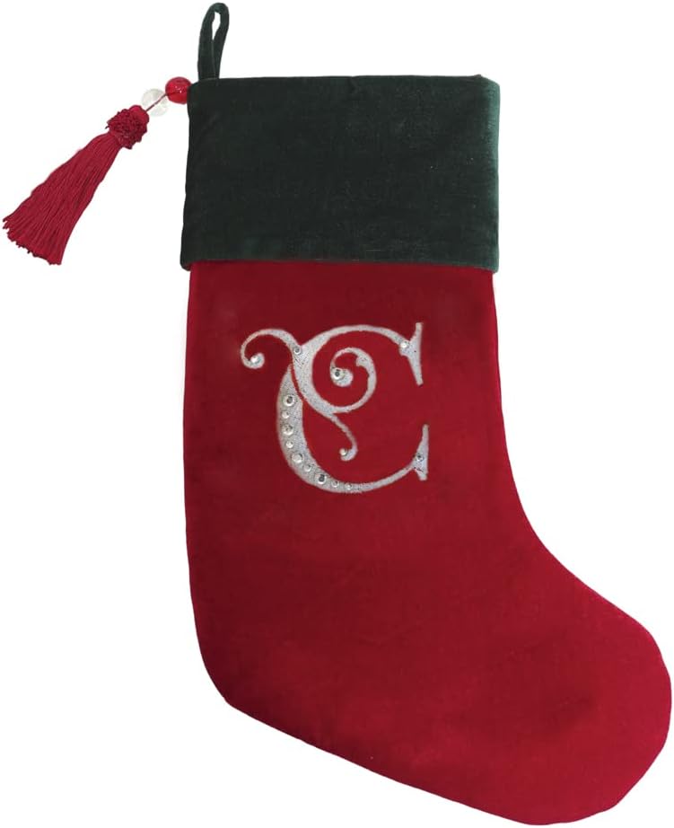 8.5" x 18.5", Velvet, Christmas Stocking Red & Green Velvet with Tassel,Red (C)