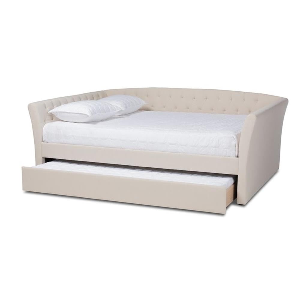 Delora Modern and Contemporary Beige Fabric Upholstered Queen Size Daybed with Roll-Out Trundle Bed