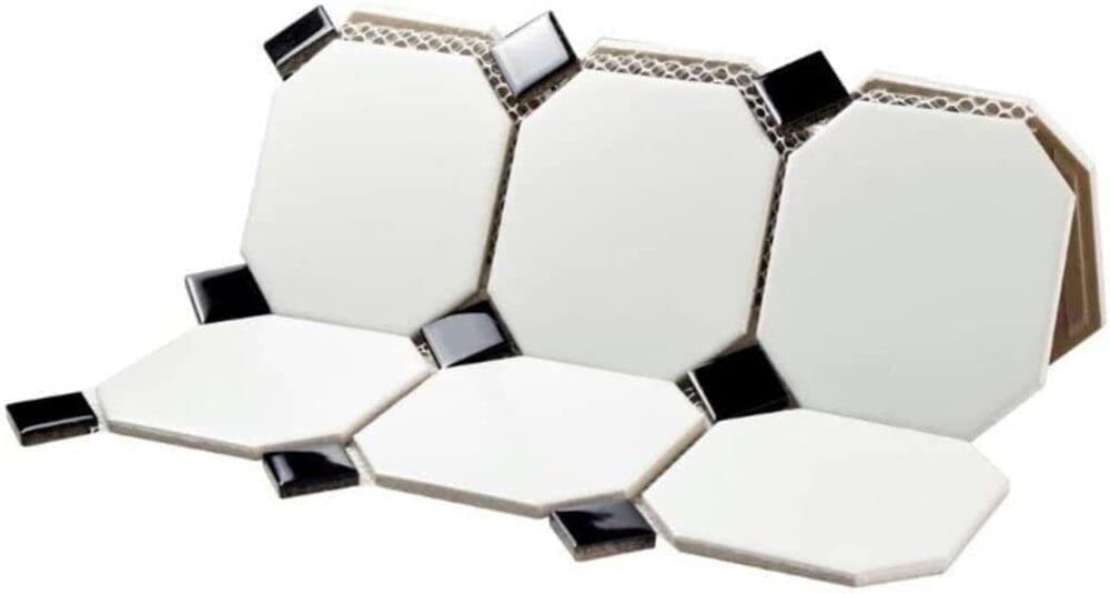 4" Octagon Tile Matte White Mosaic Porcelain Floor and Wall Tile Backsplashes, Accent Wall (Black Dots Glossy, 20