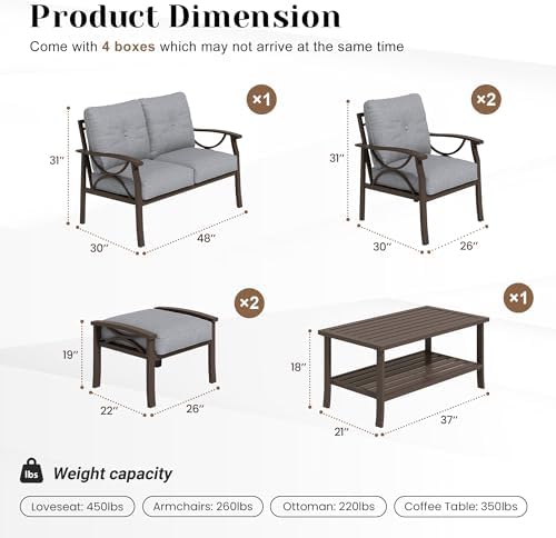 6-Piece Metal Outdoor Patio Furniture Set | Grey for Backyard, Garden & Porch