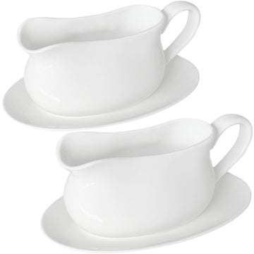 Large 17 Oz Gravy Boat and Tray White Fine Porcelain Saucier With Big Dripless Lip Spout For Gravy, Warming Sauces