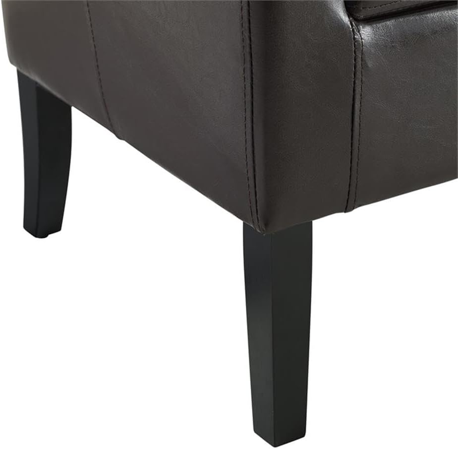 Contemporary Faux Leather Barrel Club Chair, Brown Finish, Rubberwood Frame, Upholstered Vinyl, Flared Armrests
