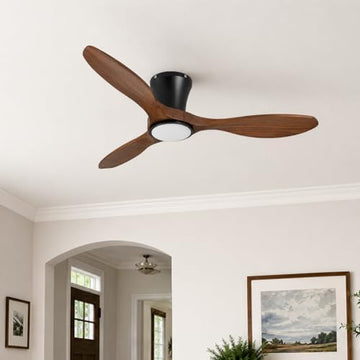 42 Inch Wood Flush Mount Ceiling Fan with Dimmable LED Light and Remote - Solid Walnut Blades, Quiet DC Motor