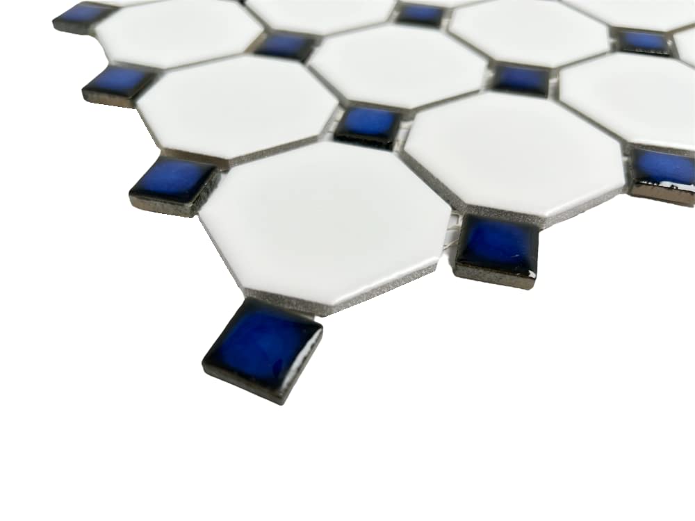 White Octagon Matte Porcelain Mosaic Tile with Blue Dots - 20 Sheets per Case for Floor, Wall, Backsplash, Bathroom
