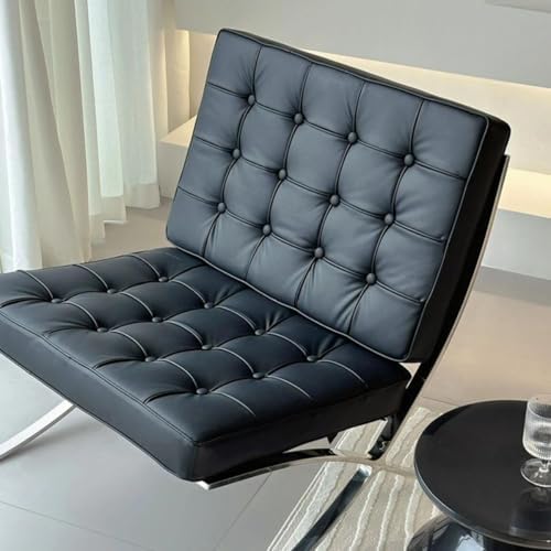 Inspired Barcelona Style Leather Lounge Chair and Ottoman — Black Oiled Leather, Compact Seat (23.5″L)