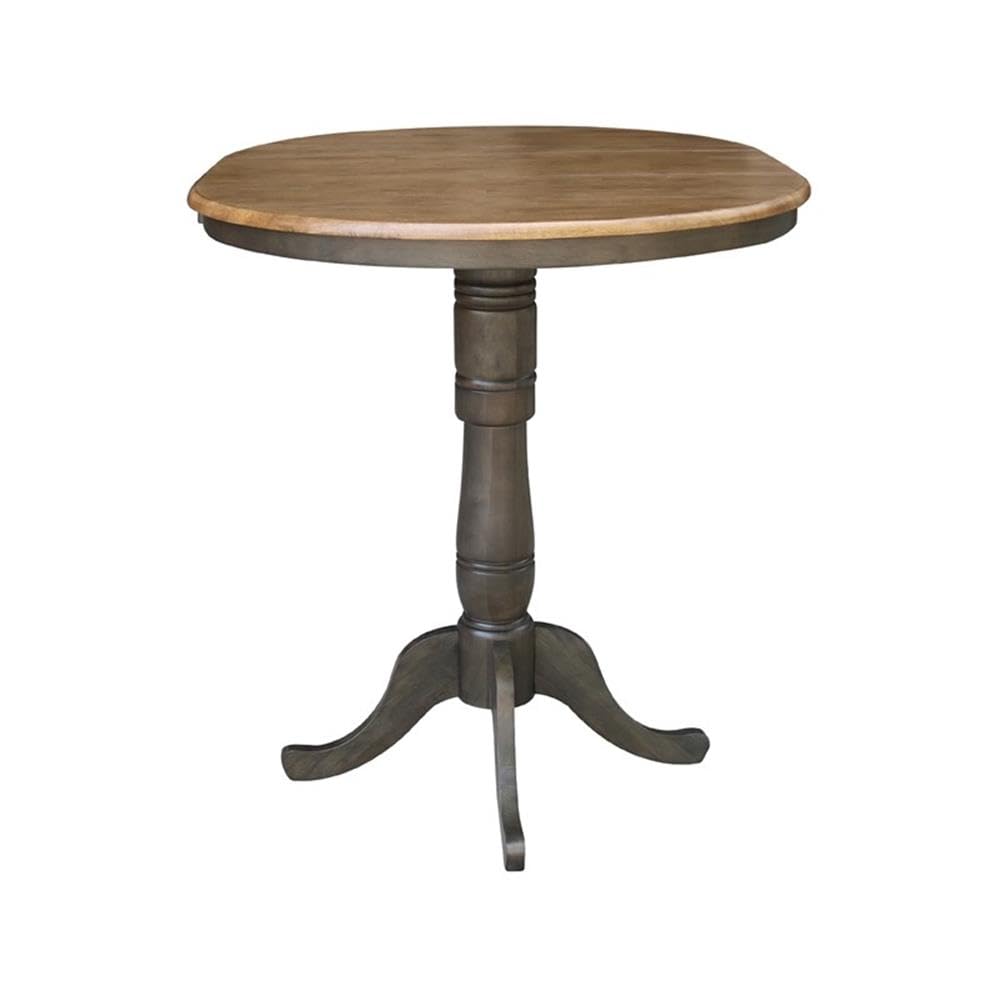 36" Round Wood Bar Height Dining Table with 12" Leaf in Hickory/Washed Coal