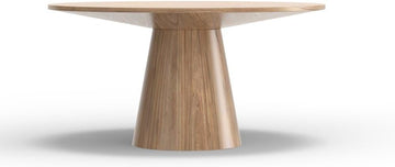 Brown Round Dining Table 59 Inches, Natural Finish with Tapered Pedestal Base, Solid Rubberwood Mindi Veneer, Seats