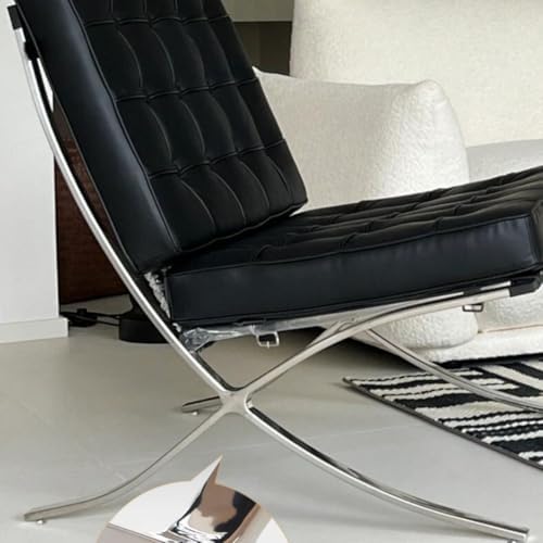 Inspired Barcelona Style Leather Lounge Chair and Ottoman — Black Oiled Leather, Extended Seat (31.5″L)