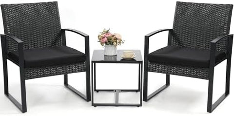 3-Piece Wicker Outdoor Patio Furniture Set - Bistro | Black for Patio, Garden & Porch