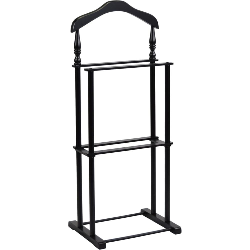 Black Wooden Twin Valet Stand with Hanger Trouser Bar Tie Holder Storage Tray Clothes Organizer Office Closet Space