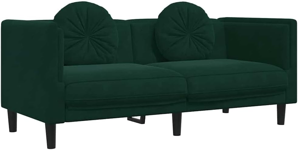 Velvet Loveseat 2-Seater Sofa Dark Green | Thickly Padded Seat, Armrests, Backrest, Round Pillows, Sturdy Legs