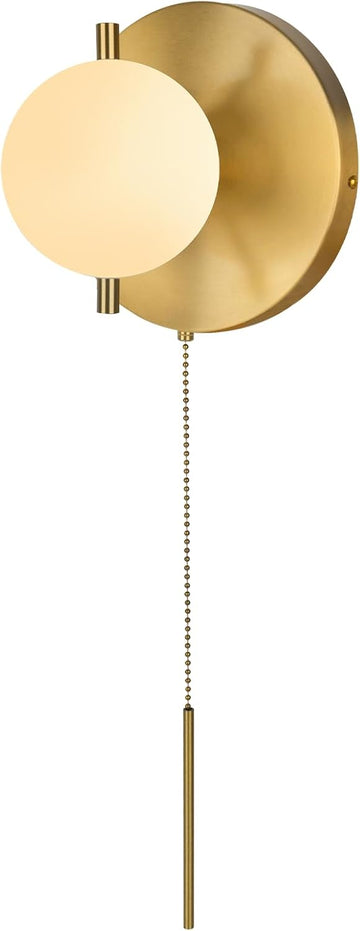 Modern Gold Pull Chain Wall Sconce with Milk Glass Globe Shade | Glass Wall Light, Vintage, G9 Base, Bedroom, Living