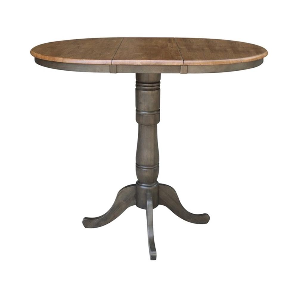 36" Round Wood Bar Height Dining Table with 12" Leaf in Hickory/Washed Coal