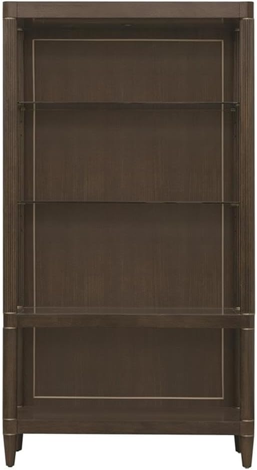 Open Shelf Etagere, 42 in W x 18 in D x 78 in H, Piano Brown Eucalyptus Wood Veneer, 4 Shelves, Glass and Wood