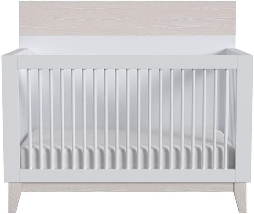 Modern Wood Convertible Crib, Ash Linen White Finish, 48" H x 56" W x 30.5" D, Three Height Adjustments, Steel Spring