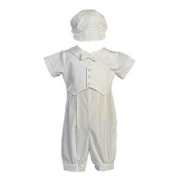 Boy's Poly Cotton Christening Baptism Romper with Pique Vest - White