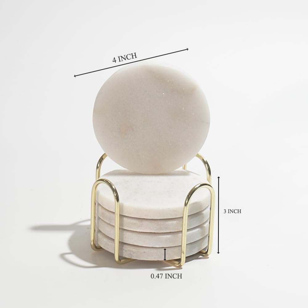 Inches Modern Shining White Marble Coasters with Gold Metal Holder, Round Natural Stone Drink Coasters - Set of 5