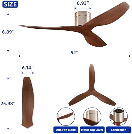52" Low-Profile Modern Ceiling Fan with Remote – Brown & Brushed Nickel, 3-Blade, DC Motor, No Light