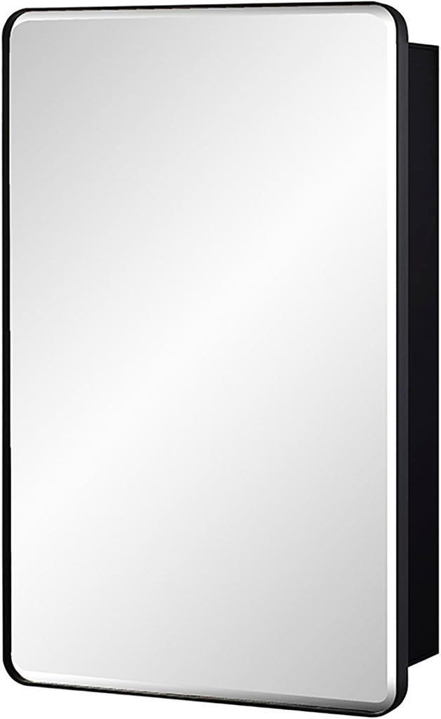 Black Bathroom Mirror Medicine Cabinet with Round Corner Framed Door and Beveled Edge Mirror 15 x 25 inch, Recessed
