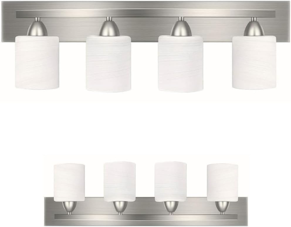 4-Light Bathroom Vanity Bar Light Fixture - Brushed Nickel | Modern Frosted glass shades with E26 socket. Matte Wall