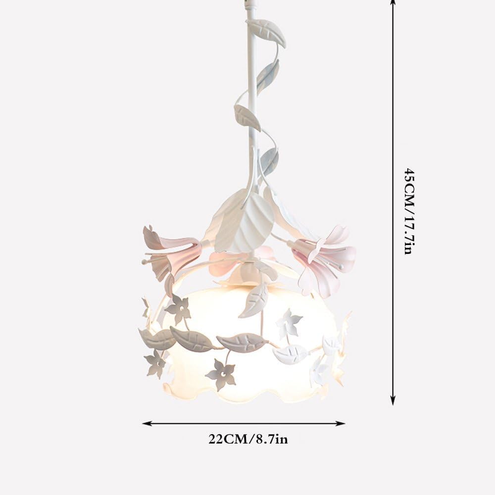 White Wrought Iron Floral Pendant Chandelier with Pink Lily Flowers & Frosted Glass Shade, 8.7" W