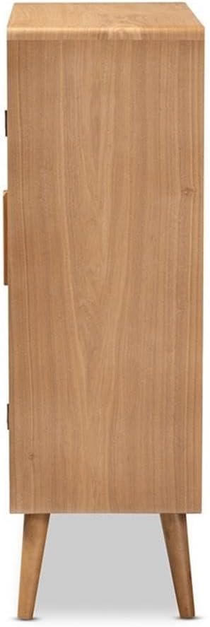 Mid-Century Wood/Rattan 2-Door Storage Cabinet, Oak Finish, 44.29" H x 31.5" W x 14.17" D, Adjustable Shelves, Angled