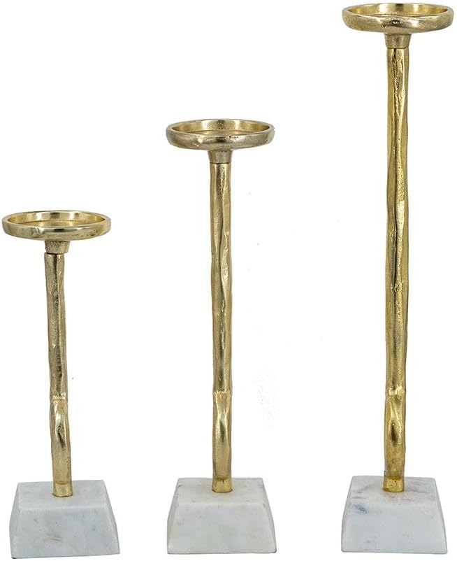Golden Ring Aluminum and Marble Pillar Candle Holder Set of 3 - Elegant Metallic Decor for Stylish Homes - L:D3.5x17