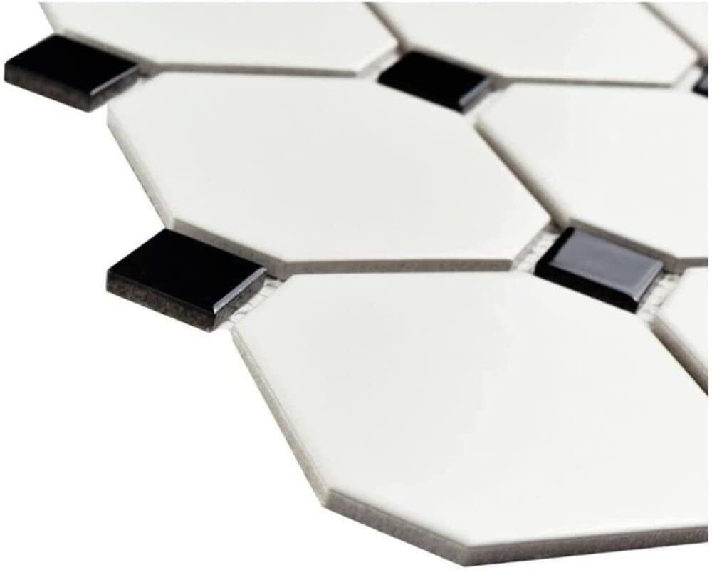 4" Octagon Tile Matte White Mosaic Porcelain Floor and Wall Tile Backsplashes, Accent Wall (Black Dots Glossy, 20