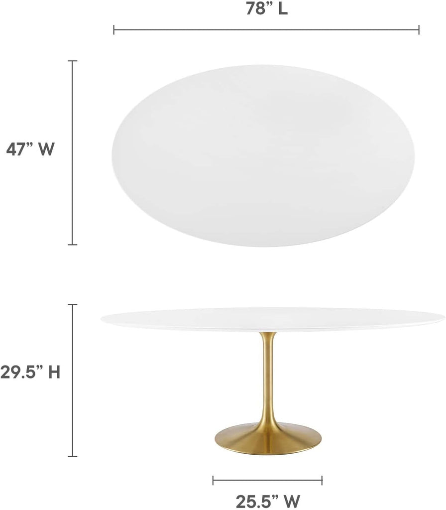 Inspired Tulip Style Oval Pedestal Dining Table — Gold Base / White Top, 78″ Oval