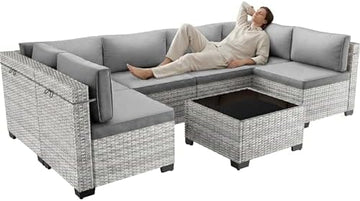 7-Piece Wicker Outdoor Patio Furniture Set | Grey All-Weather Resistant with Thick Cushions for Backyard, Garden & Porch