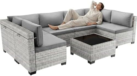 7-Piece Wicker Outdoor Patio Furniture Set | Grey All-Weather Resistant with Thick Cushions for Backyard, Garden & Porch