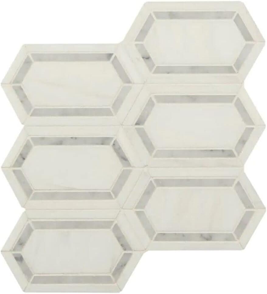 Corinto Bianco Dolomite with Grey Hexagon Picket Pattern Marble Mosaic Floor and Wall Tile Backsplashes, Fireplace