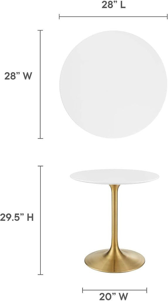 Inspired Saarinen Style Tulip Round Pedestal Dining Table — Gold Base / White Top, 28″ Round
