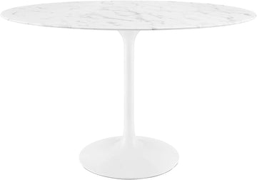 Inspired Tulip Style Oval Pedestal Dining Table — White Base / Marble Top, 48″ Oval