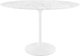 Lippa 48" Oval-Shaped Mid-Century Modern Dining Table with Artificial Marble Top and White Base