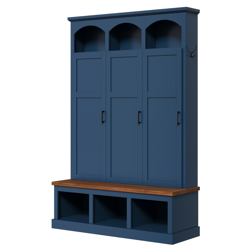 Farmhouse Blue Hall Tree with Bench, 3 Hidden Storage with 3 Hooks