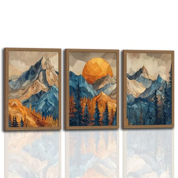 Mountain Wall Art Set of 3 Framed, Abstract Landscape Canvas Print Rainbow Mountain 16x24 Inches