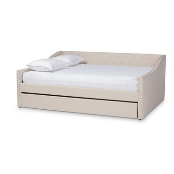 Haylie Modern and Contemporary Beige Fabric Upholstered Queen Size Daybed with Roll-Out Trundle Bed
